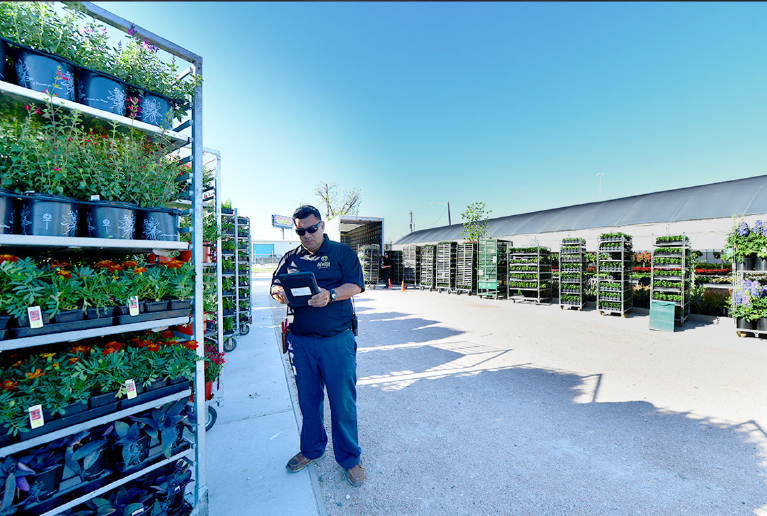A Man Looking At An Ipad In Front Of A Shelf Of Plants