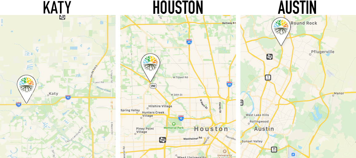 Three Maps Marking The Locations Of Newton Nurseries In Katy, Houston, And Austin